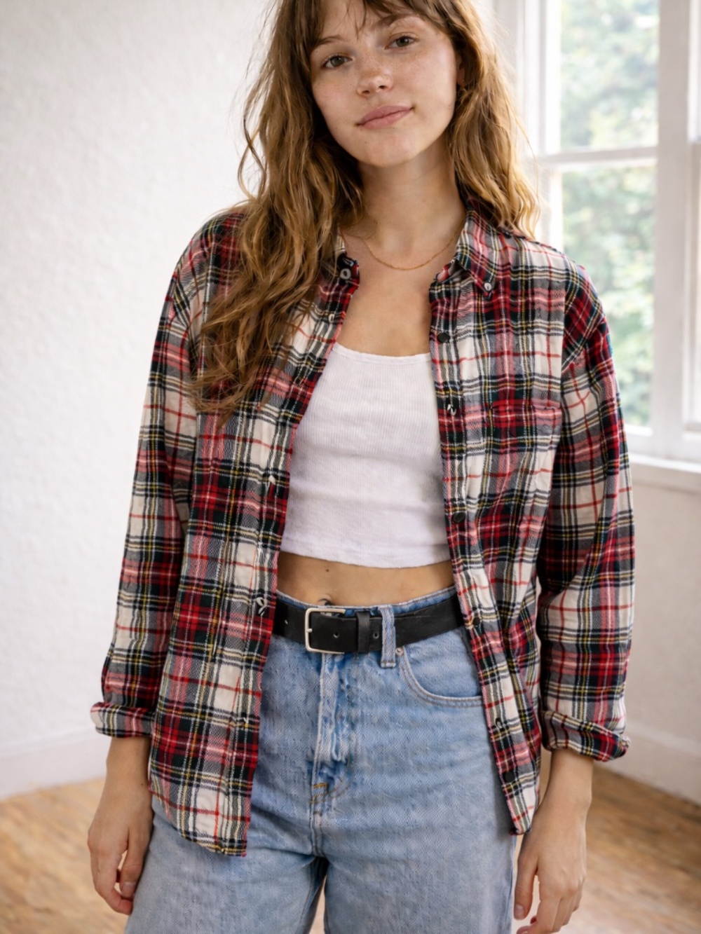 L.L.Bean Plaid Flannel Shirt Red Green Button Up Relaxed Fit Small